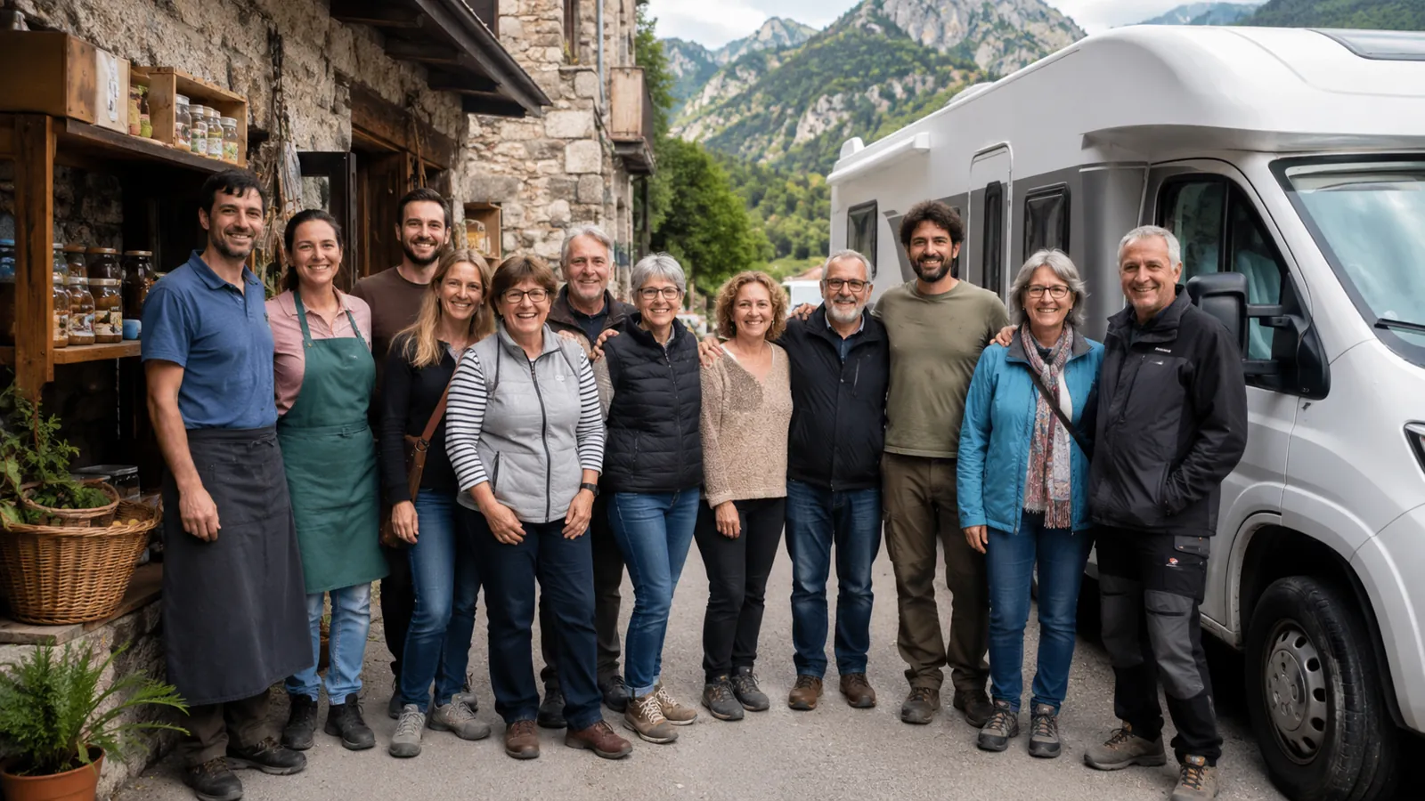 Grupo de viajeros y comerciantes locales sonriendo junto a una autocaravana