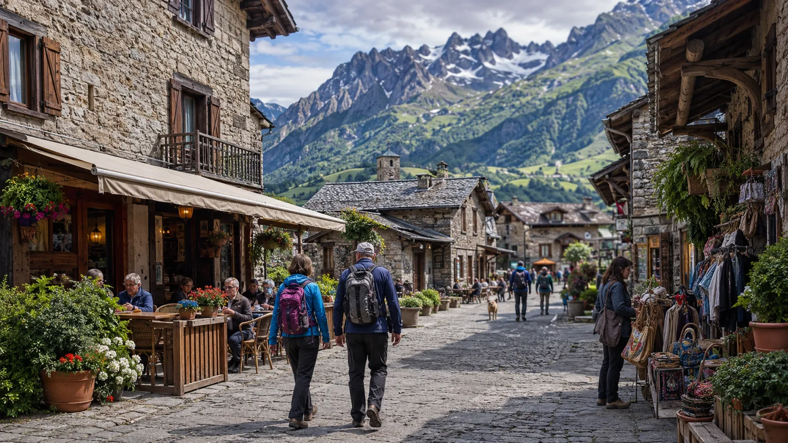 Viajeros paseando por la calle empedrada de un pueblo de montaña con comercios locales